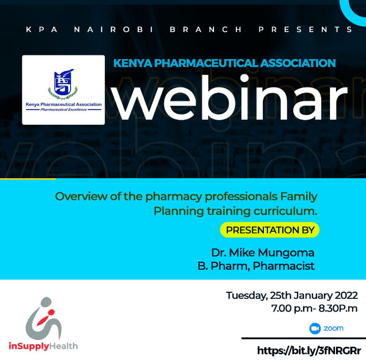 inSupplyHealth's tweet photo. Have you registered for today's 𝗪𝗲𝗯𝗶𝗻𝗮𝗿?

Join us at 7:00 p.m. for a live webinar with 
@KPA_Nairobi on an overview of the pharmacy professionals Family Planning training curriculum.

Register here: https://t.co/NOfM9jLKza https://t.co/3zZoJFEbRg