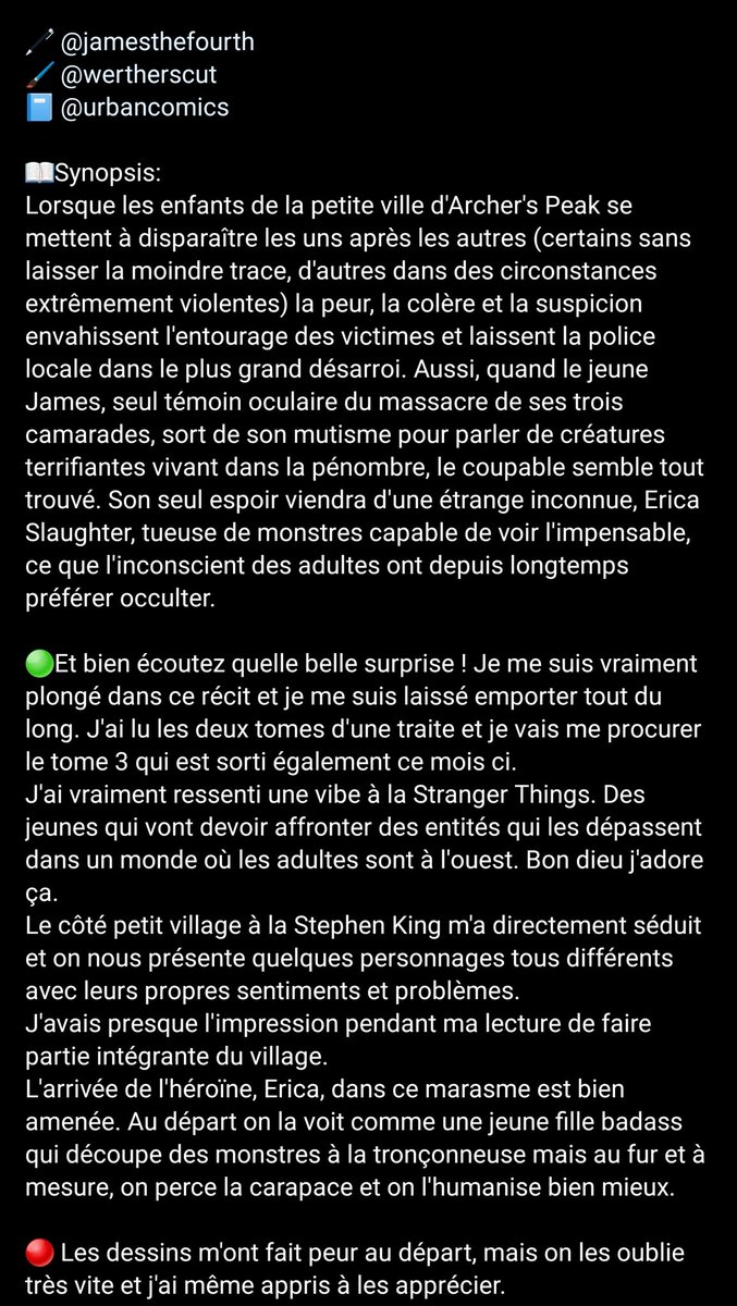 Foxito_san's tweet photo. 🦊 Petite review!
J'ai eu la chance de recevoir un sp de la part d'@UrbanComics pour leur super offre sur Something is Killing the Children, les tomes 1 et 2 pour 10€!
Voici ma petite chronique sur ce thriller horrifique ma foi fort sympathique !
#reviewcomics #aviscomics https://t.co/ySTWptvjoM
