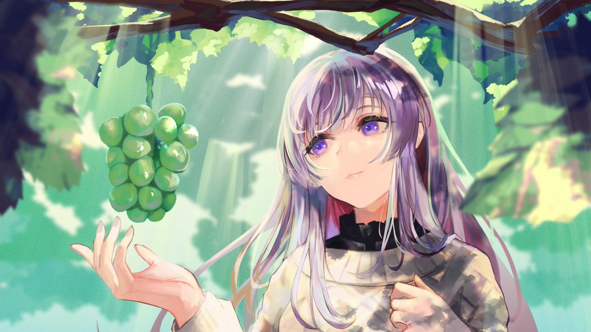 yukoku kiriko 1girl solo food fruit purple eyes long hair grapes  illustration images