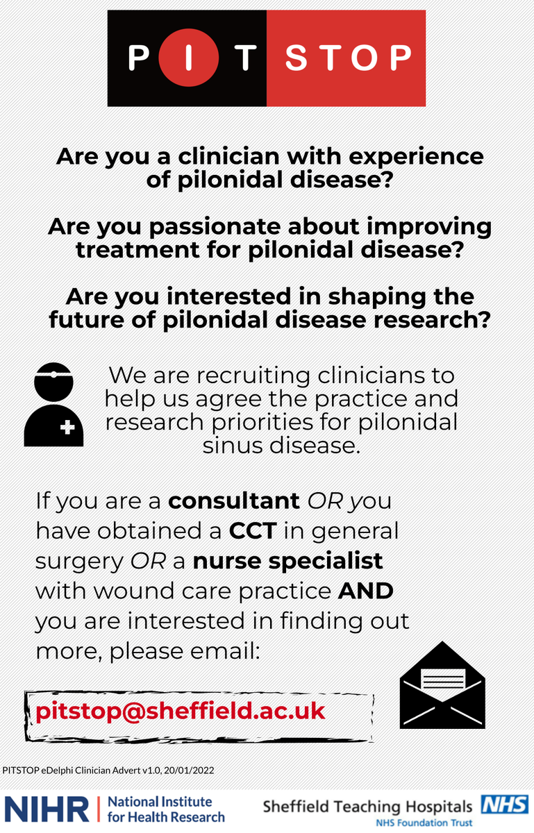 PITSTOP_Study's tweet photo. 📢 Attention clinicians❗️

🔴Are you interested in shaping the future of pilonidal disease research? 

📧pitstop@sheffield.ac.uk for further info! https://t.co/yHizwOfzkp