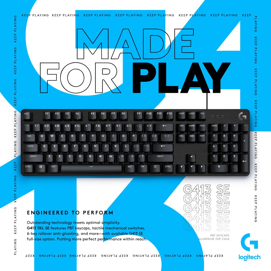 LogitechID's tweet photo. Cukup lagu Rossa aja yang #Pudar, keyboard kamu jangan!
Keycaps Logitech #G413SE &amp; Logitech #G413SETKL terbuat dari #PBT (Polybutylene Terephthalate) jadi tombolnya gak cepet pudar dan berminyak.
Segera hadir di toko kesayangan kamu ya Logi friends!
#LogitechGIndonesia https://t.co/ZcU1jirTYp