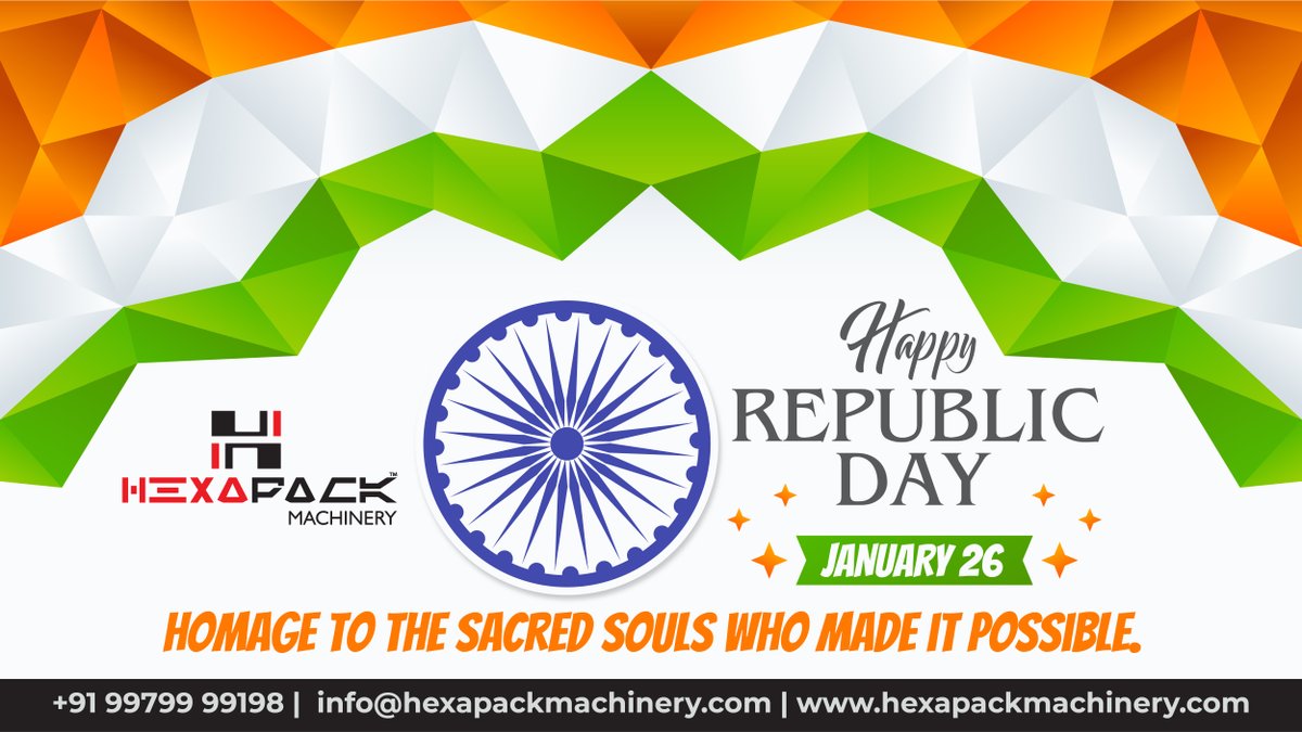hexapack's tweet photo. Team Hexa Pack pays sincerest tribute to all the makers and shapers of India on this special day.

#Hexapackmachinery #happyrepublicday #26january #जयहिंद #republicday2022 #indianrepublicday #ahmedabad #Gujarat #india https://t.co/0Ruf3Dhnib