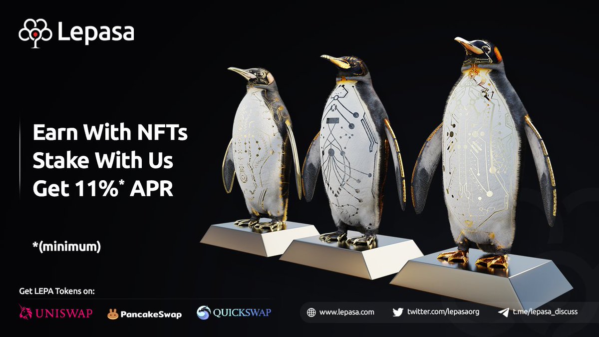 Lepasaorg's tweet photo. Stake #Lepasa NFTs with us &amp; unlock the wonderful opportunity to earn great rewards ✨

✊Get 11%* APR *(minimum) #Staking 

#stake #Stake2Earn #StakingRewards #NFT #NFTCommunity #nftcollector #NFTcollectibles #NextGenNFTs #Lepaverse #lepa #lepatoken https://t.co/yaEQ6um21s