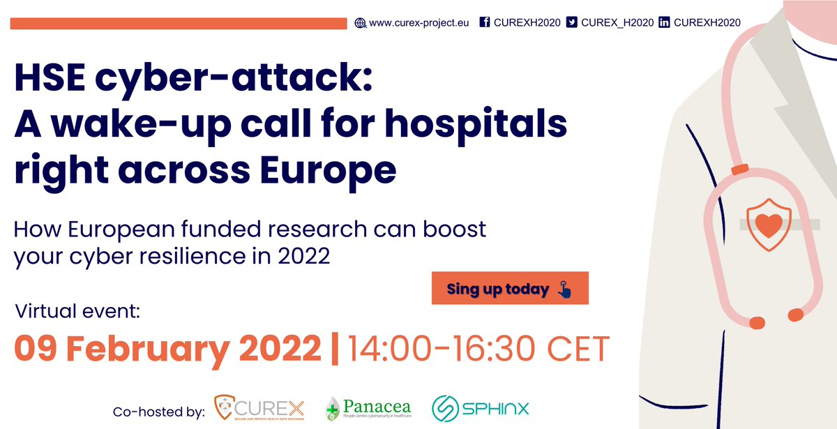 CUREX (@curex_h2020) on Twitter photo #CUREX is co-organizing the webinar “HSE cyber-attack: a wake-up call for hospitals right across Europe | How European funded research can boost your cyber resilience in 2022” with the #H2020 projects <a href="/H2020Panacea/">PANACEAresearch</a> and <a href="/ProjectSphinx/">sphinx-project</a>.
Read more here:👉 bit.ly/3nRwNZZ #CUREX is co-organizing the webinar “HSE cyber-attack: a wake-up call for hospitals right across Europe | How European funded research can boost your cyber resilience in 2022” with the #H2020 projects <a href="/H2020Panacea/">PANACEAresearch</a> and <a href="/ProjectSphinx/">sphinx-project</a>.
Read more here:👉 bit.ly/3nRwNZZ