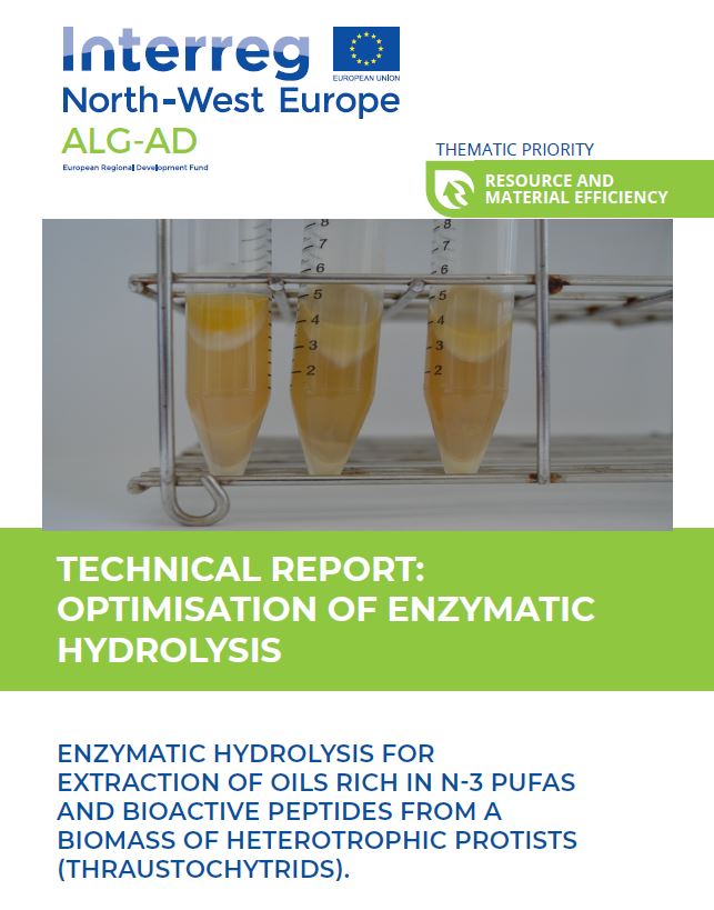 A new technical report as one of the ALG-AD project deliverables is now available, written by Mariana Ventura, Philippe Soudant and Fabienne Guérard 
If you interested in the OPTIMISATION OF ENZYMATIC
HYDROLYSIS, link is here:
bit.ly/3tWIFO4
#report  #EnzymaticHydrolysis