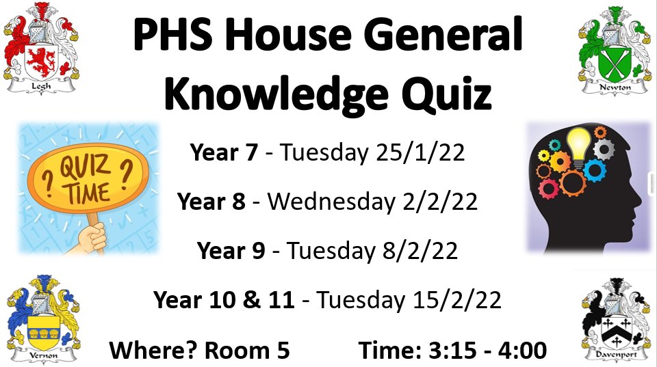 PHS__House's tweet photo. Looking forward to seeing all those who are entering the Year 7 house general knowledge quiz tonight, Room 5 3:15 - 4pm #house #generalknowledge #legh #davenport #vernon #newton 🧠💡 https://t.co/CljsLpltTU