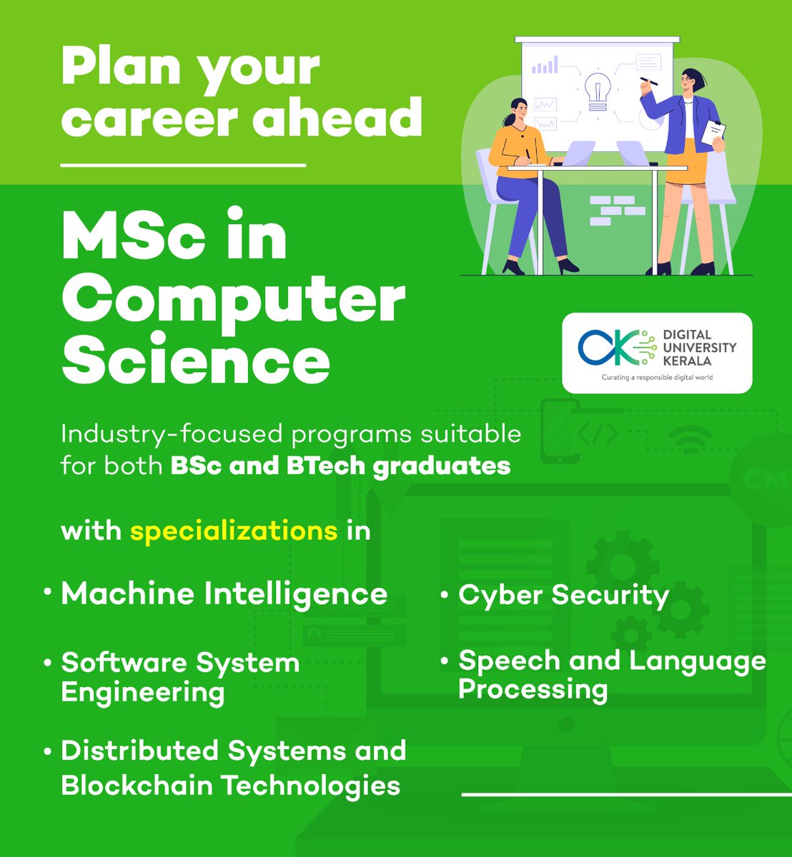 Industry-focused programmes at <a href="/dukerala/">Digital University Kerala</a>

#MachineIntelligence #CyberSecurity #SpeechLanguageProcessing  #DistributedSystems #Blockchain