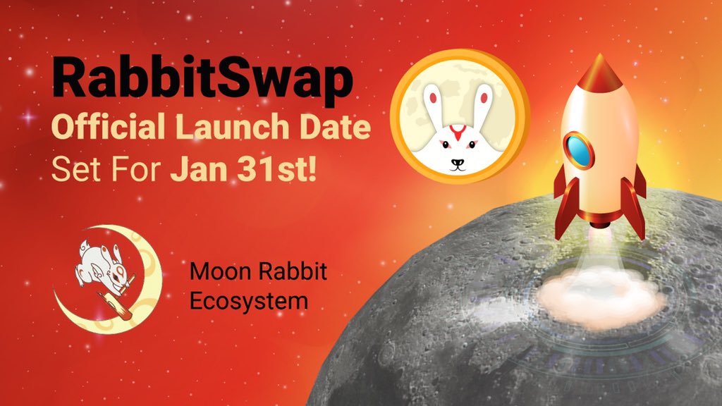 The First DEX on MoonRabbit Blockchain is launching soon! 🌕🐇

On Jan 31st the RabbitSwap Dex will go live at RabbitSwapDex.com with

- Yield farms 💰

- Launch Pools 🚀

- Full Functional DEX ♻️

- Referral System 🤝

- NFT’s 🖼
