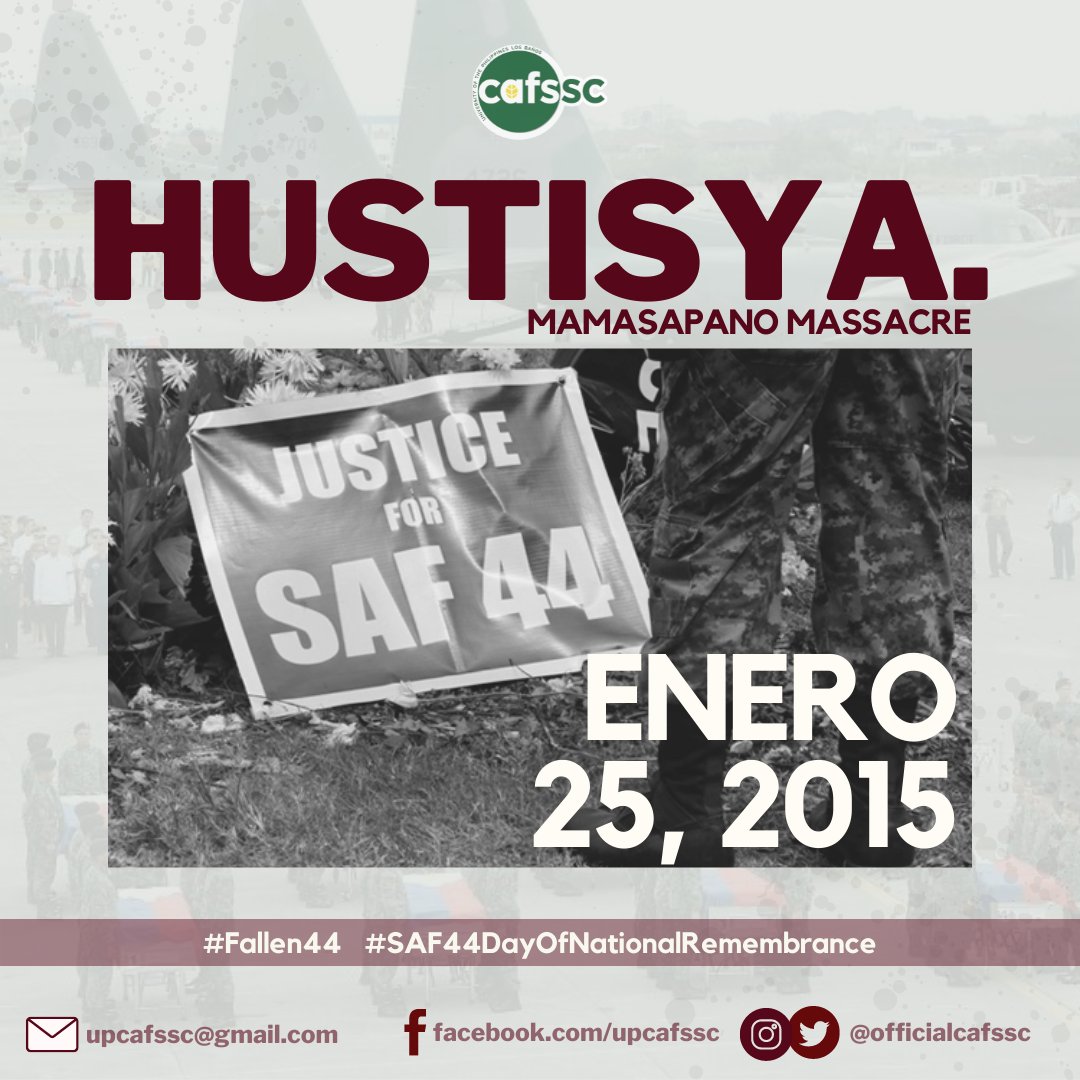 uplbcafssc's tweet photo. [Mamasapano Massacre Commemoration]

TW: Violence, Death

"What happened in Mamasapano shows indecisive leadership and miscommunication that led to chaos before reinforcements could be sent out."

Full Statement: https://t.co/FljsTdqSbS

#Fallen44
#SAF44DayOfNationalRemembrance https://t.co/0bKir23AD4