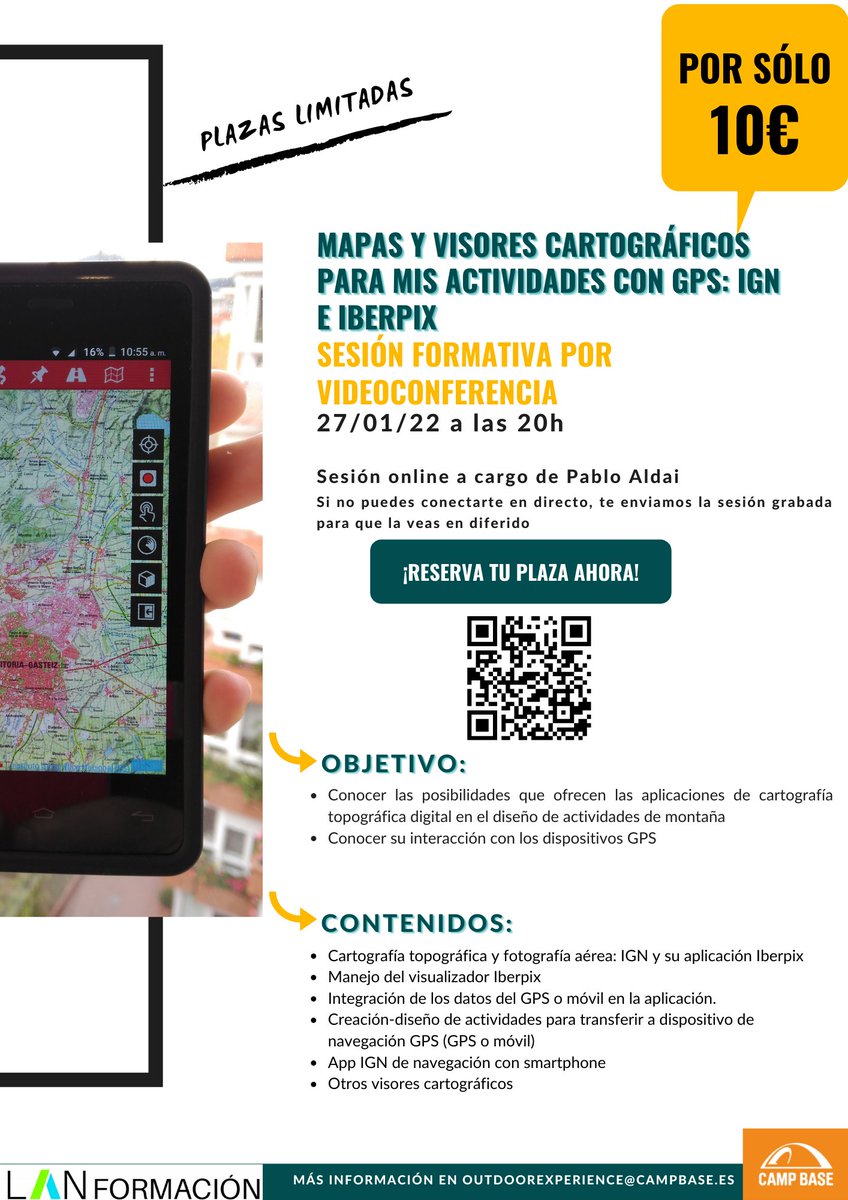 CampBaseOutdoor's tweet photo. ¿Ya te has inscrito a la sesión MAPAS Y VISORES CARTOGRÁFICOS PARA MIS ACTIVIDADES CON GPS: IGN E IBERPIX?🌍🔝 No te pierdas esta sesión a cargo de Pablo Aldai🔥

📆 27/01/2022, 20h
📍 A través de Zoom (Si no puedes conectarte, te la enviamos grabada)
https://t.co/GMGwgn1Nn0 https://t.co/hK6v5veCUm
