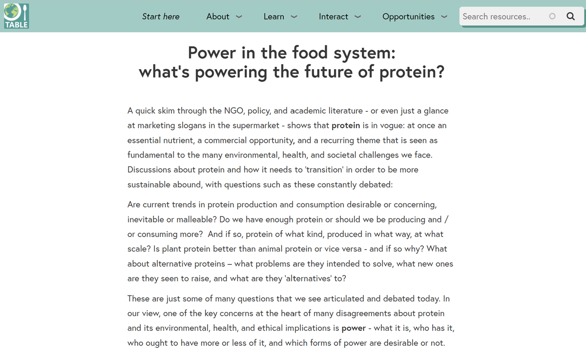 Preview of TABLE's new "Power in the food system" home page.