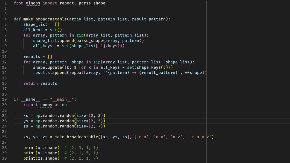 In NumPy/PyTorch if I have some arrays (that may share some axes) that I want to make jointly broadcastable, I use this 'make_broadcastable' function, using einops underneath and the same pattern syntax

Anyone know of an easier/built-in way?

gist.github.com/grey-area/9d09…