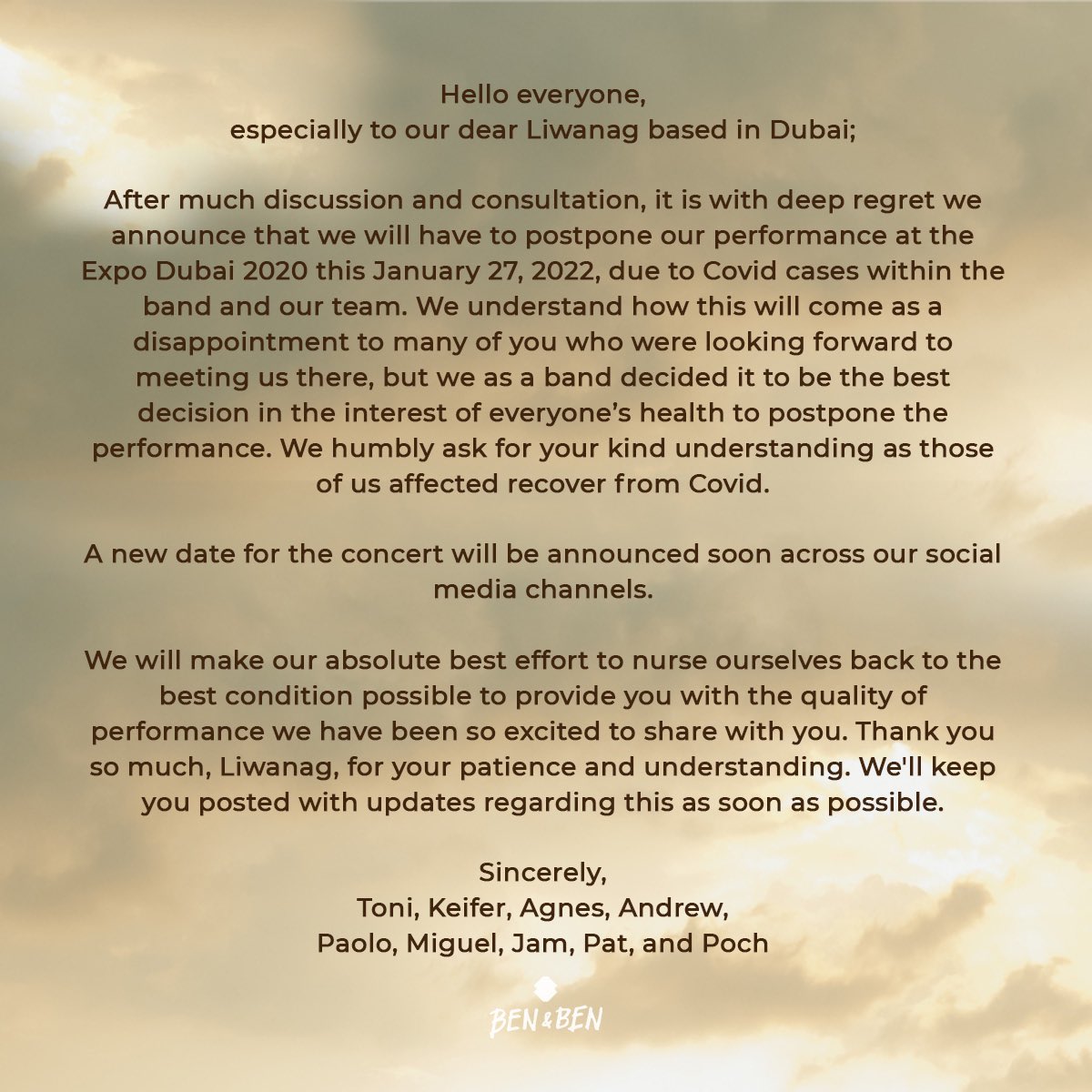 Hello everyone, especially to our dear Liwanag based in Dubai,

Please read this. We ask you to join us in prayers in our road to recovery. We’ll work hard to be with you soon, puhon.