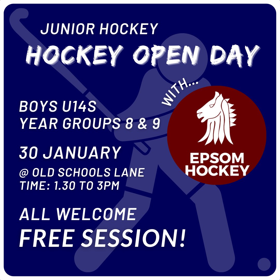 Join us for a free #hockey session!

📆 Sun, 30 Jan 
👦🏼 Boys U14s (yrs 8 &amp; 9)
📍Old Schools Lane, Ewell
⏰ From 1-3.30pm

Bring shin pads, mouthguard and a smile! We’ll provide 🏑

📧Lisa - junioradmin@epsomhc.co.uk 
for more info! Pls RT/share 🙏🏼

#EpsomHC #Juniorhockey #surrey