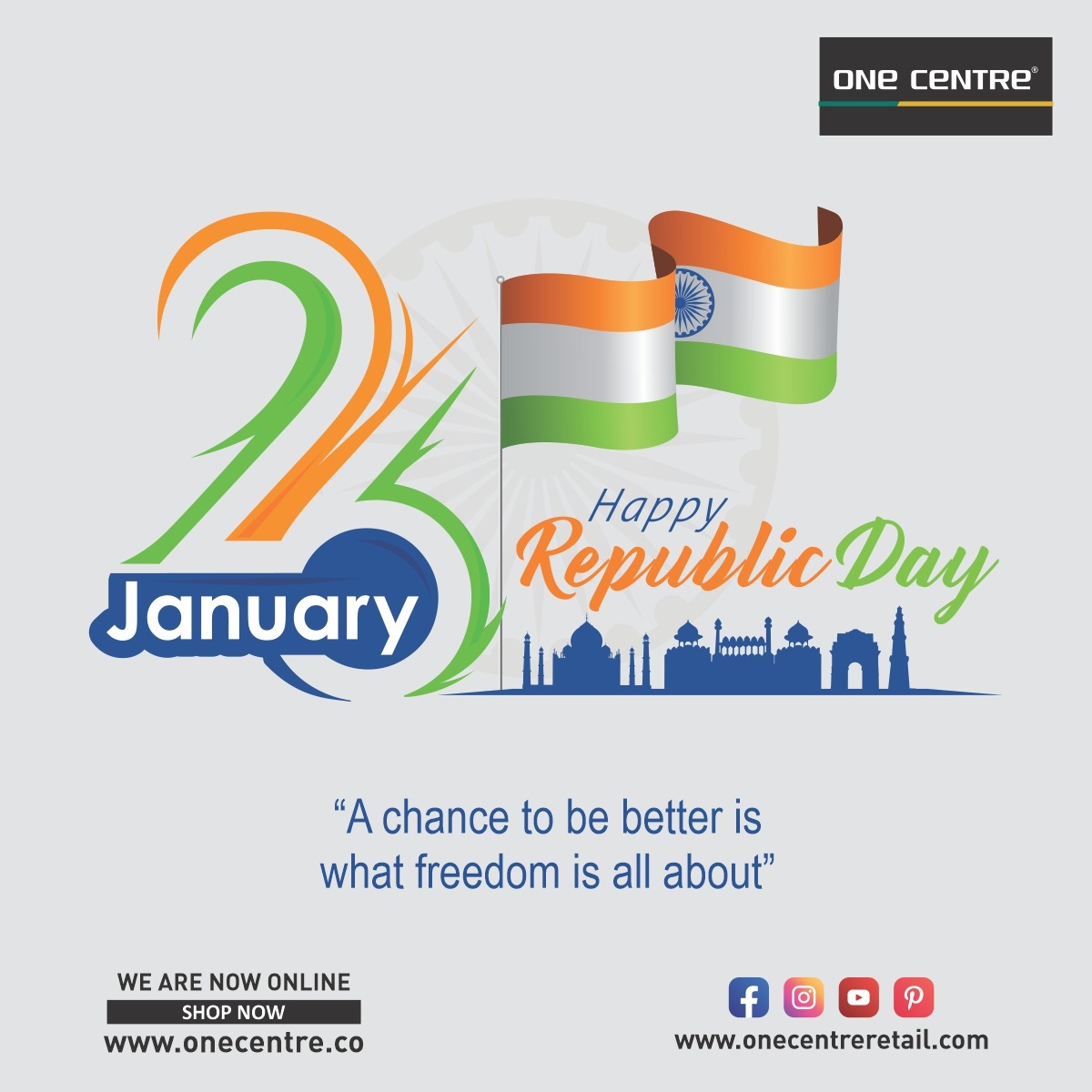 OneCentreIndia's tweet photo. Let us celebrate Republic Day by thanking freedom fighters who sacrificed lives for us.A chance to be better is what freedom is all about.
Team #OneCentre wishes everyone a very #HappyRepublicDay.
. 
. .
#happyrepublicday #happyrepublicday2022 #happyrepublicdayindia https://t.co/oXG1Ylmjrc