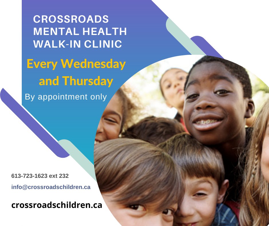 CrossroadCentre's tweet photo. A friendly reminder to book your walk-in session appointment for our Wednesday or Thursday clinic.  We can see you virtually or in-person.  Visit https://t.co/AEVv5KSGV4  Free!  #MentalHealth #ChildrensMentalHealth #HelpForChildren https://t.co/CzOdoixWVo