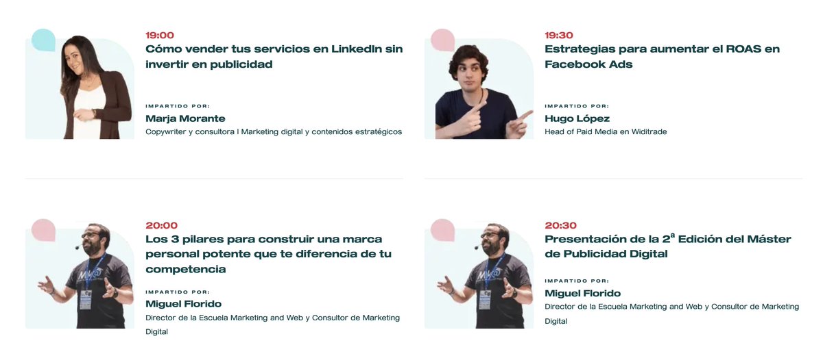 Seguimos con: 17h <a href="/Cpinzonc/">Carlos Pinzón</a>
17:30h Sara Martin de <a href="/Metricool_es/">Metricool ES</a>
18h <a href="/NagoreBarroco/">Nagore Barroco</a>
18:30h <a href="/BorjadeLope/">Borja de Lope 🤘</a>
19h <a href="/MarjaMorante/">Marja Morante | Marketing, copy y estrategia</a>
19:30h <a href="/hugolopez_c/">Hugo López | Media Buyer ⭐️⭐️⭐️⭐️⭐️</a>
20h y 20:30h <a href="/miguelfloro/">Miguel Florido</a> de <a href="/marketingandweb/">Marketing and Web</a> 

#DSMPublicidad