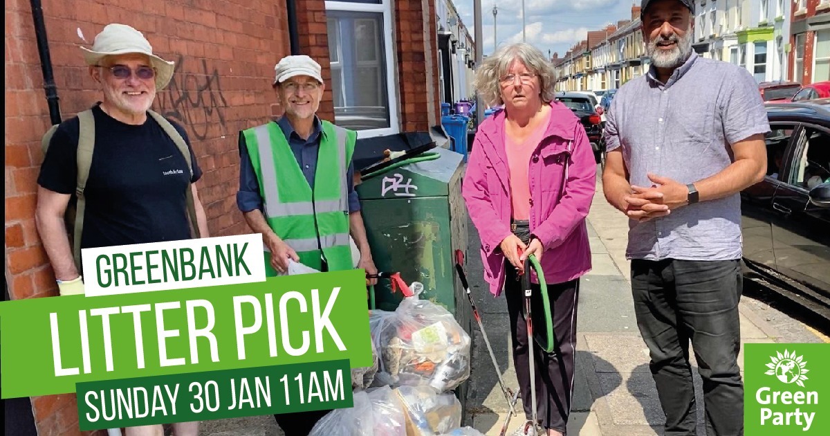 Join us for a #GreenbankPark litter picking action day. Sunday 30 January 11am. Cllr. Lawrence Brown will be meeting volunteers, Liverpool Green Party members and people who love Greenbank outside Tesco on the corner of Smithdown &amp; Greenbank Road.
More: liverpool.greenparty.org.uk/greenbank-litt…