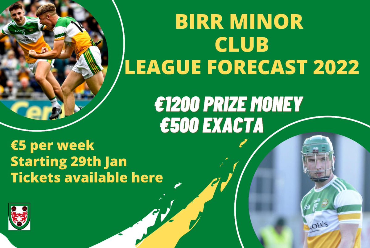 LEAGUE FORECAST

Our popular Birr Minor Club League Forecast kicks off on Saturday. There will be €1,200 up for grabs over the course of eight weeks (€5 entry per week) so get your research done with all funds going towards the further development of our underage club.

1/2