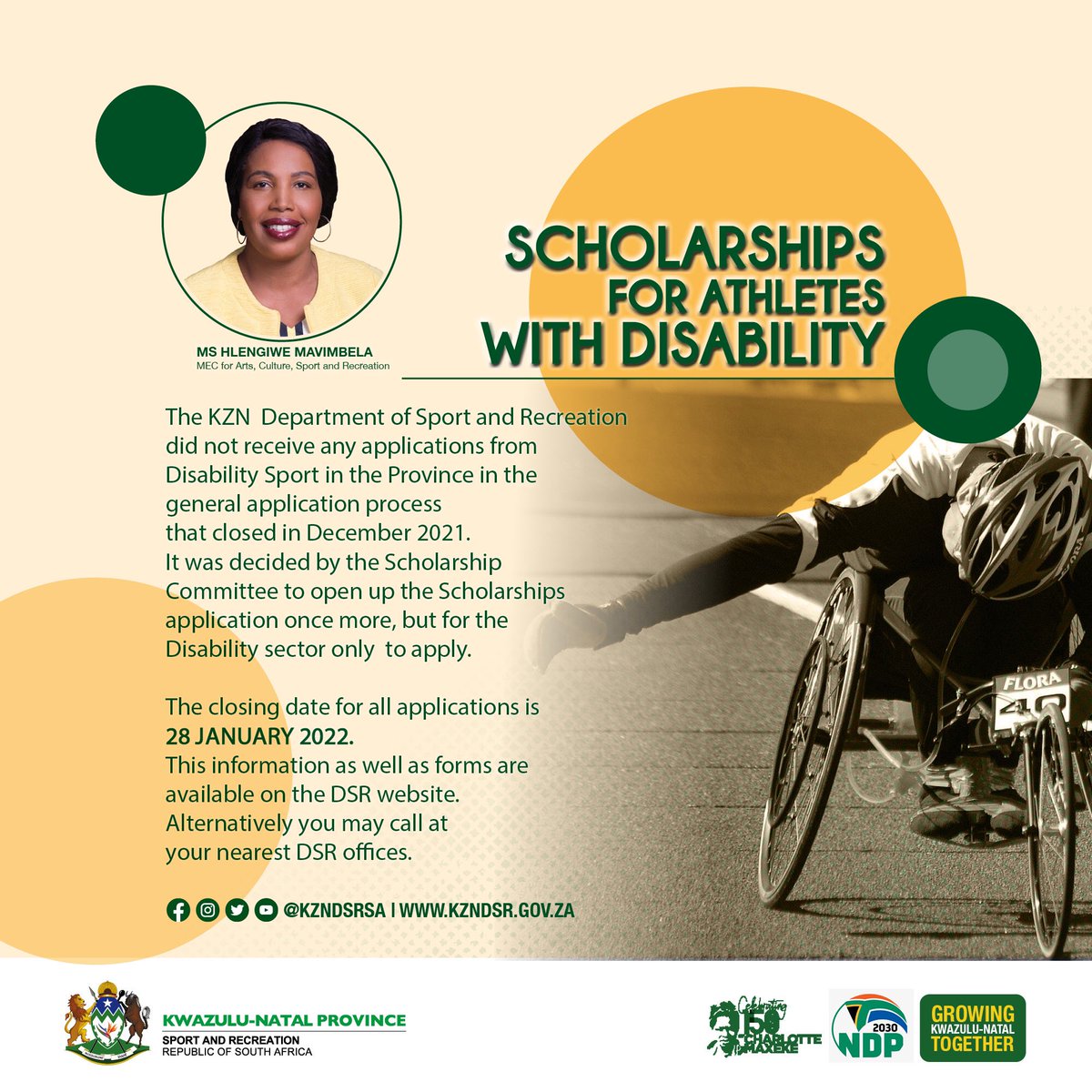 🚨Reminder 🚨Application for 2022 Scholarships for athletes with disability are still open. Closing date 28 January 2022. #ActiveandwinningKZN