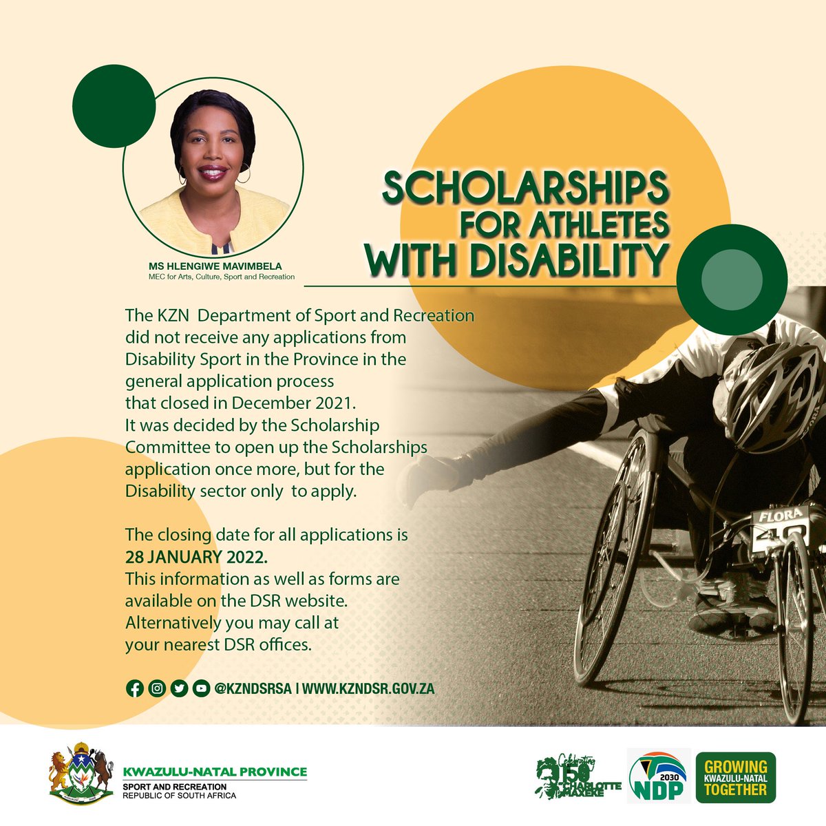 🚨Reminder 🚨Application for 2022 Scholarships for athletes with disability are still open. Closing date 28 January 2022.
#ActiveandwinningKZN