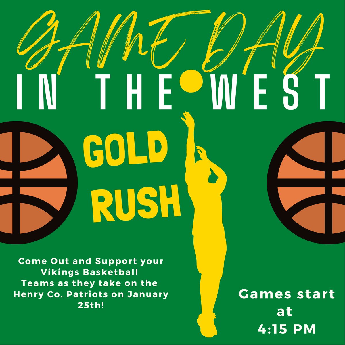 🏀 IT'S GAME DAY- HOME GAME!!🏀
🟡🟡GOLD RUSH🟡🟡

Here's info about tonight’s district matchup:
📍 the West
🆚 Henry Co. Lady Patriots
⏰ JV 4:15 | V 6:00
🎟 bit.ly/3IGMfjH
🎥 bit.ly/3AujbZH

#DownToBusiness #GoldRush #DistrictPlay #VikingSTRONG #ProtectTheWest