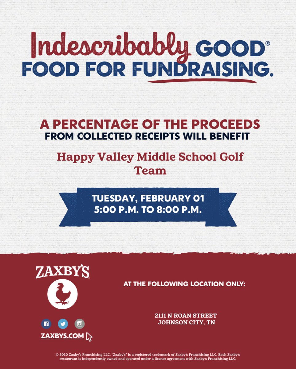 Next Tuesday, Feb. 1 the Happy Valley Middle School Golf ⛳️ teams will be at N Roan <a href="/Zaxbys/">ZAXBYS</a> from 5-8 PM! Come help out this great group of student-athletes and the future of Happy Valley Golf!