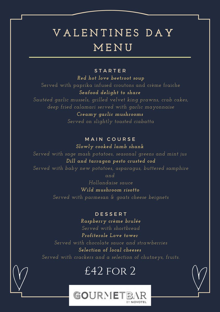 Treat your loved one to a 3 course meal at Gourmet Bar Novotel York Centre this #ValentinesDay!
Book your table now via gourmetbaryork.co.uk/valentines-day