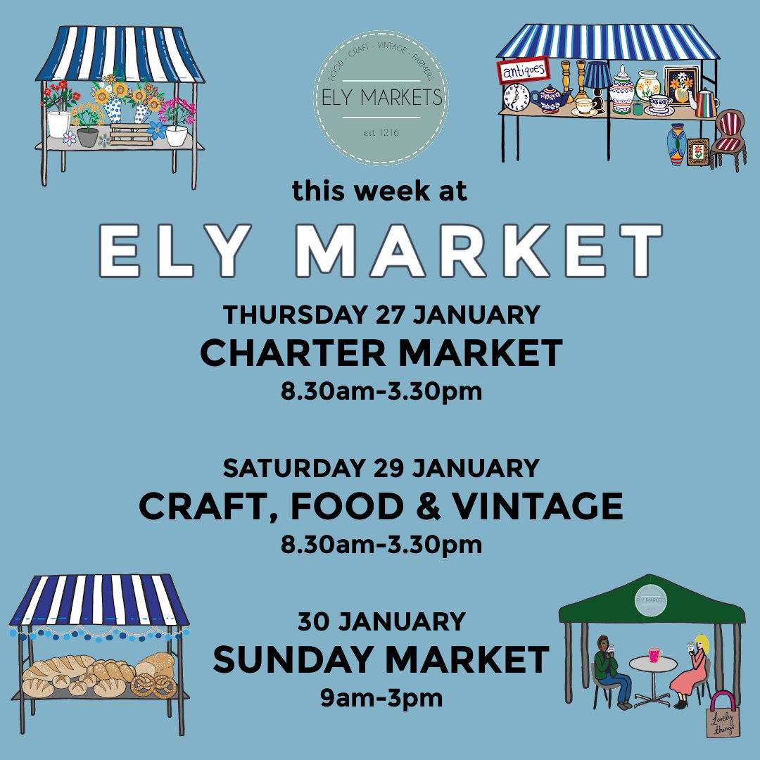 ElyMarkets's tweet photo. This week at Ely Market:
THURSDAY 27 JANUARY
CHARTER MARKET
8.30am-3.30pm

SATURDAY 29 JANUARY
CRAFT, FOOD &amp; VINTAGE
8.30am-3.30pm

30 JANUARY
SUNDAY MARKET
9am-3pm https://t.co/lpy13bM7Km