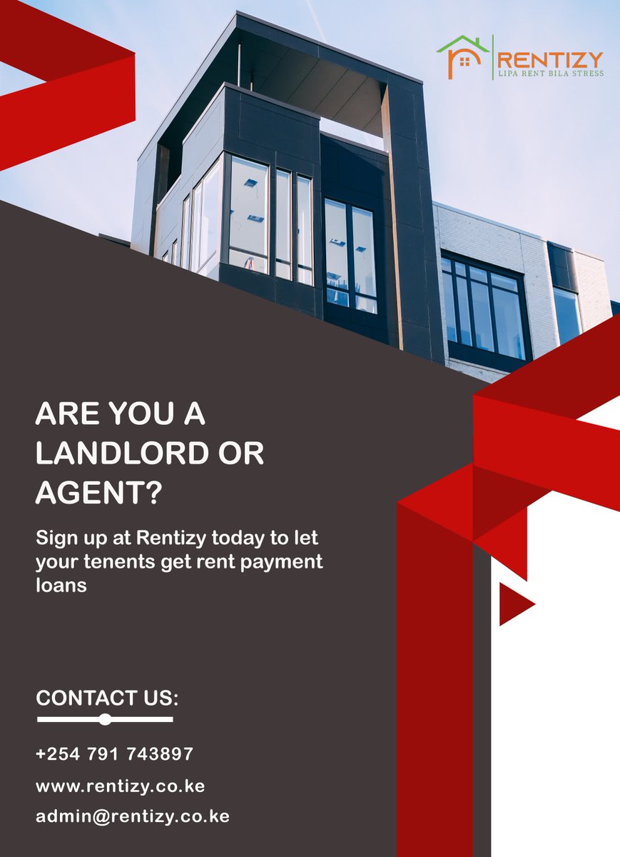 RentizyF's tweet photo. Get interest free rent loans payable directly to your landlord by signing up on https://t.co/H2ISgzRoRy
Kaa life poa bila stress ya rent.
#LipaRentBilaStress
#rent #LandLord #tenants #financing https://t.co/88wUdVOwnJ