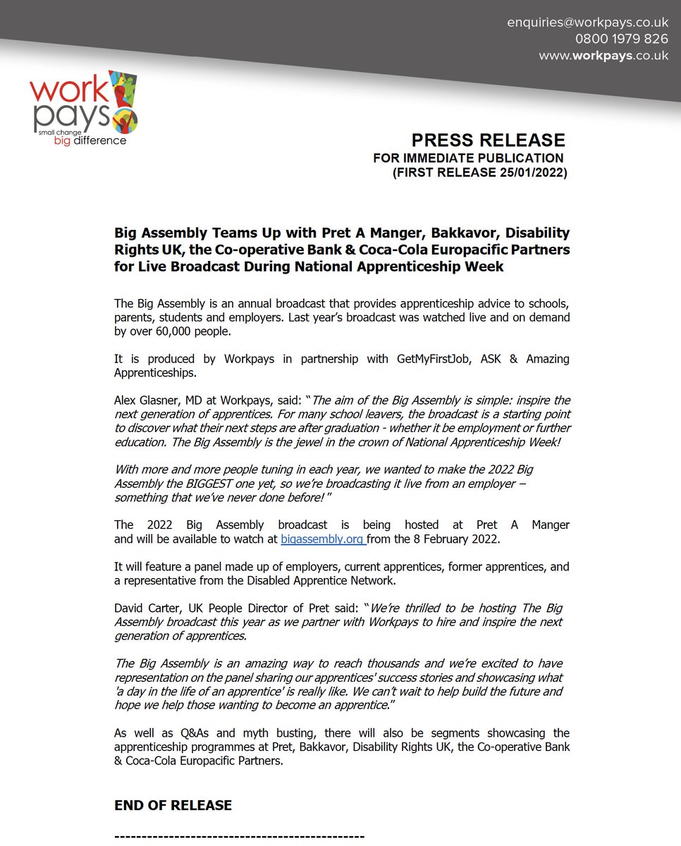 workpays's tweet photo. ANNOUNCEMENT! @BigAssembly Teams Up with @Pret, @Bakkavor, @DisRightsUK, @CooperativeBank &amp; @CocaColaEP  for Live Broadcast During #NationalApprenticeshipWeek! Full #pressrelease attached! 🗞️ #news @AmazingAppsUK @GetMyFirstJob @FindApprentices @Apprenticeships @educationgovuk https://t.co/svOhjDCb4t