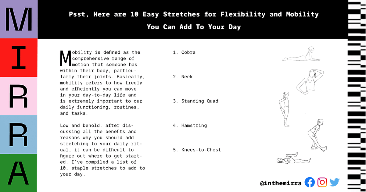 inthemirra's tweet photo. It’s time to make stretching a part of our daily routines! (Not sure where to get started? Here are 10 easy stretches for flexibility) https://t.co/O8RKd7z23a