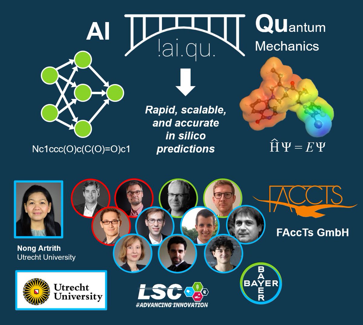 We are thrilled to announce the !AI.QU. project on bridging AI &amp; QUantum mechanics 🤖🖥️ for rapid, accurate, and scalable in silico predictions, welcoming our first partners Nong Artrith <a href="/UniUtrecht/">Utrecht University</a> <a href="/UUBeta/">Faculty of Science, Utrecht University</a> &amp; <a href="/faccts_orca/">FACCTs</a>
!AI.QU. is funded by <a href="/Bayer/">Bayer AG</a>'s Life Science Collaboration
