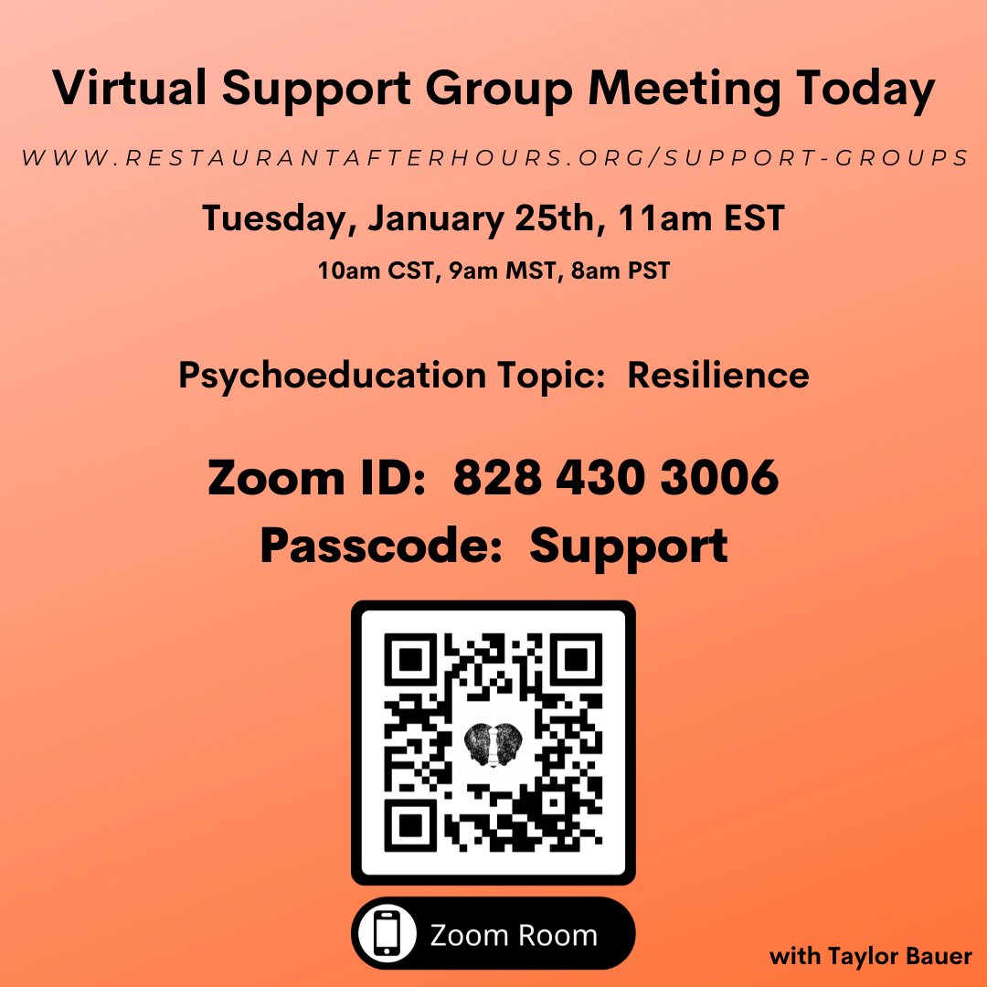 One-click zoom link:
us06web.zoom.us/j/8284303006?p…

Restaurant After Hours' Virtual Support Group will be meeting today, Jan 25th, at 11am EST.  

This meeting will focus around Resilience, facilitated by Taylor.

We hope to see you later this morning.

restaurantafterhours.org/support-groups…