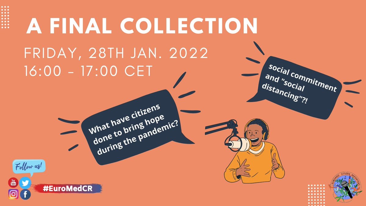 What have citizens done to spread hope during the pandemic? Join us on a one-hour journey on 𝗙𝗿𝗶𝗱𝗮𝘆, 𝗝𝗮𝗻𝘂𝗮𝗿𝘆 𝟮𝟴𝘁𝗵, 𝟭𝟲 𝘁𝗼 𝟭𝟳 𝗖𝗘𝗧 and let us review the inspiring voices from across the Euro-Med region🌍🎤
#EuroMedCR #civilsociety #storytelling #covid_19
