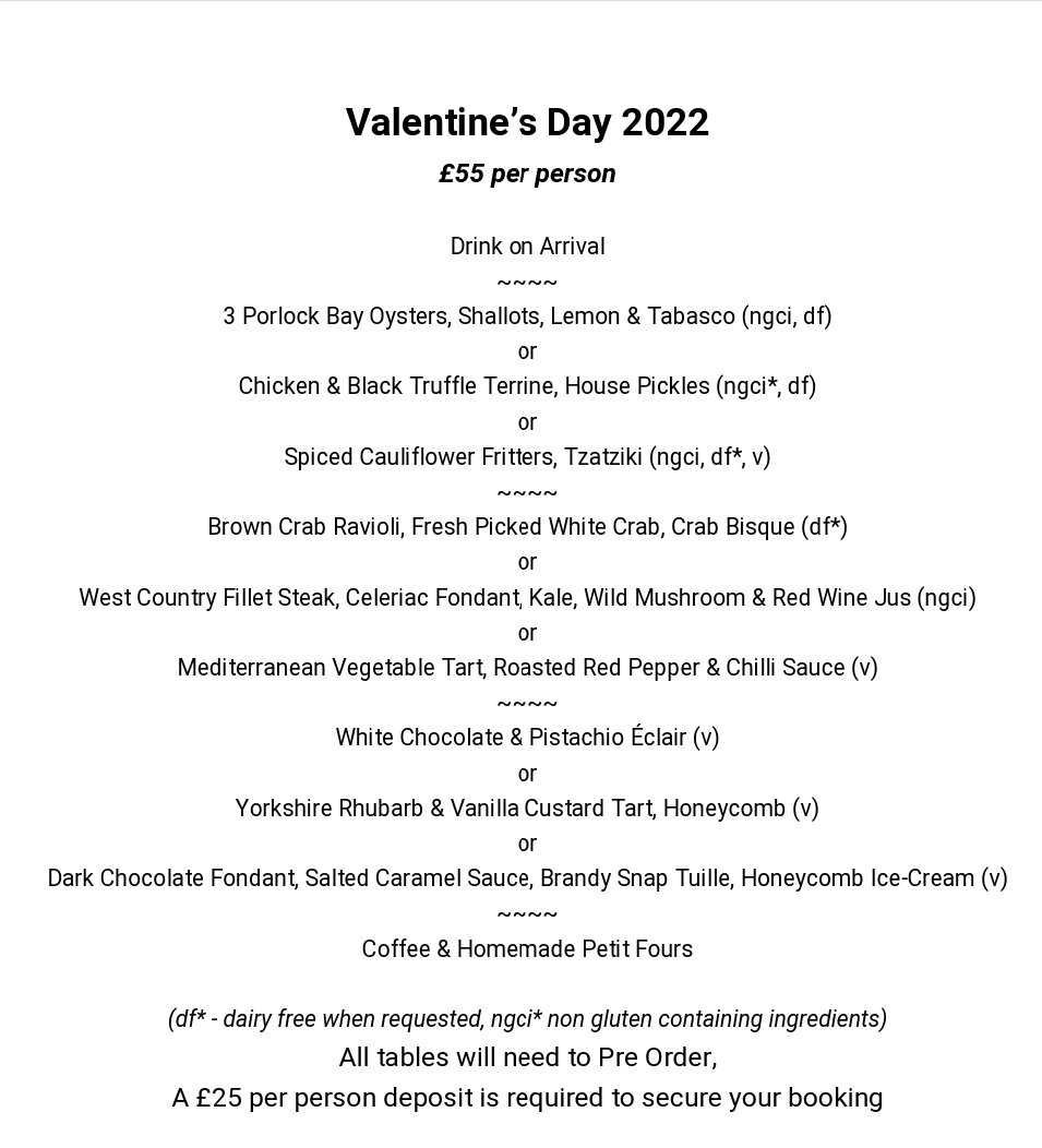 TheHankridge's tweet photo. VALENTINE'S DAY 2022

Here is our set menu and we are filling fast.

To make a reservation please call us on 01823 257788 or email thebanktaunton@gmail.com
🌹♥️🥀 https://t.co/yV0qFx1kJe