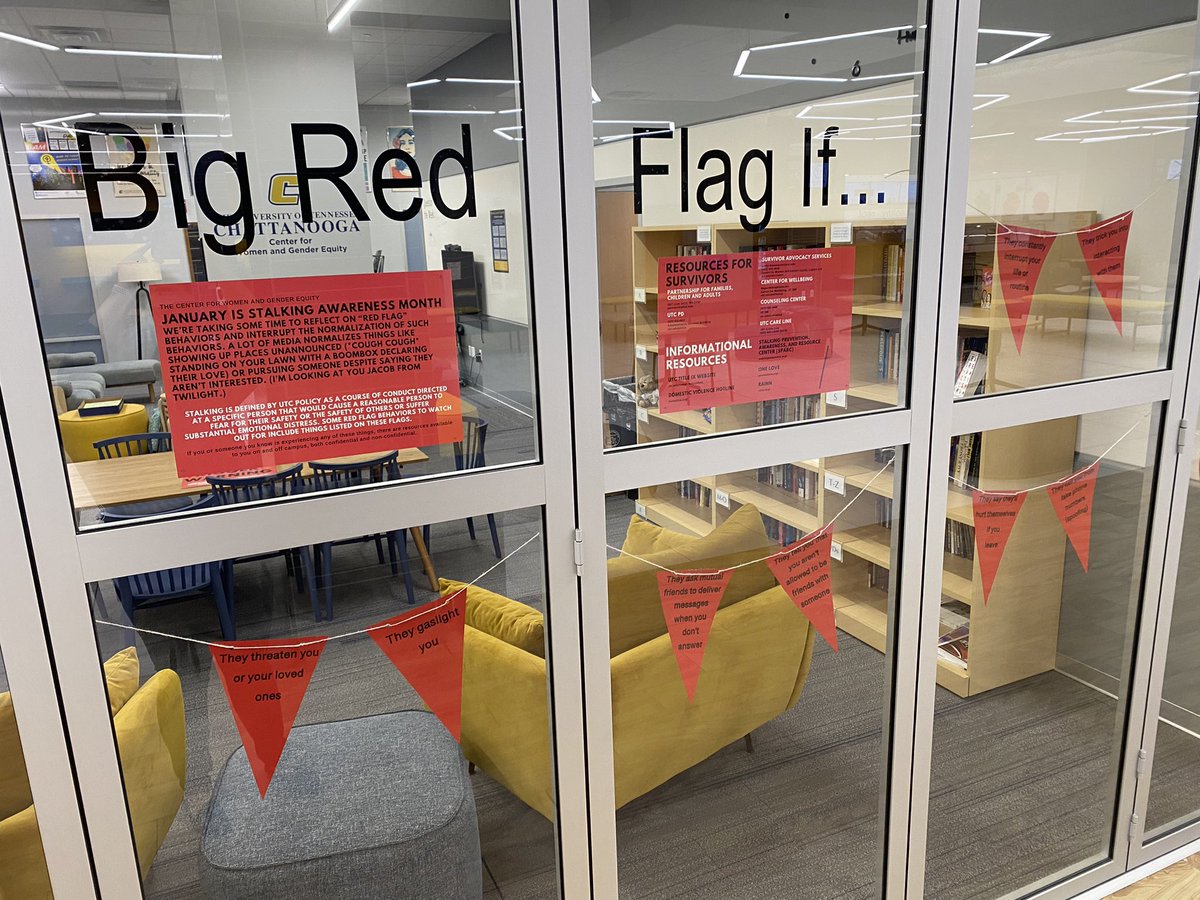 January is Stalking Awareness Month and we are taking some time to reflect on “red flag” behaviors and interrupt the normalization of such behaviors. Stop by Lupton Hall to check out our display. (TW: stalking, dating violence, and red flag relationship behavior)