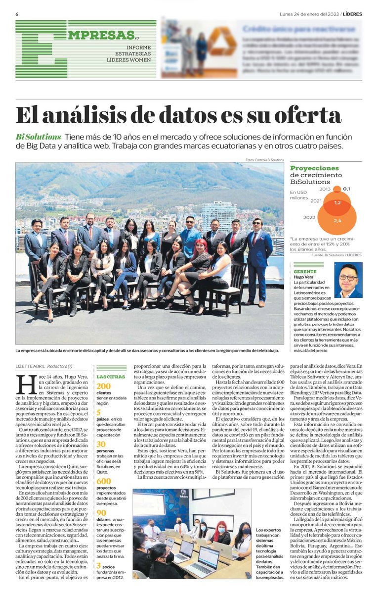 BiSolutionsSA's tweet photo. Muchas gracias a Revista Líderes por la entrevista y a todos nuestros clientes por su confianza. Nuestro compromiso es llevarles al verdadero camino de la Transformación Digital, utilizando el poder de los Datos #revista #revistas #lideres #bisolutionssa #bisolutions https://t.co/SQdkOA5yTj