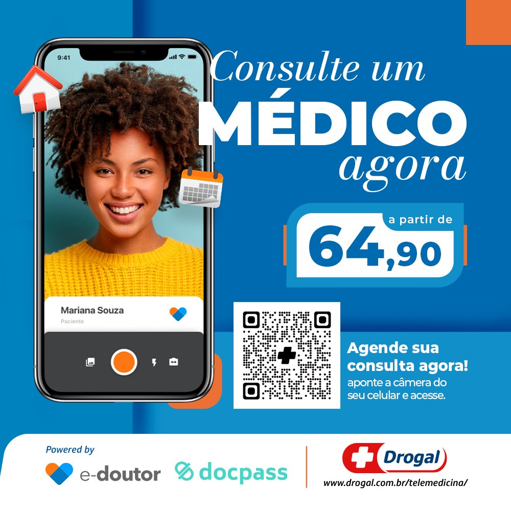 Drogal on X: A Drogal está disponibilizando médico online, a partir de  R$64,90. Consulta na palma da sua mão, na hora que você precisar. Não tem  mais desculpa para não cuidar da