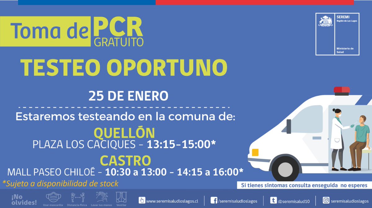 HospitalQuellon's tweet photo. Hoy día se realizará un testeo en la Plaza Los Caciques a partir de las 13:15 y hasta las 15:00 horas. ¡No pierdas la oportunidad de testearte! https://t.co/mQO9Gzo37G