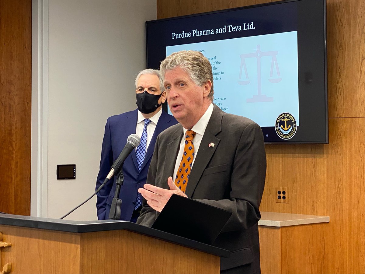 Rhode Islanders from all 39 cities and towns have been impacted by the opioid crisis. Today, I joined <a href="/AGNeronha/">Peter Neronha</a> to announce that settlements with drug manufacturers have now totaled over $100 million for RI. The funds are a crucial resources to help address this crisis head on.