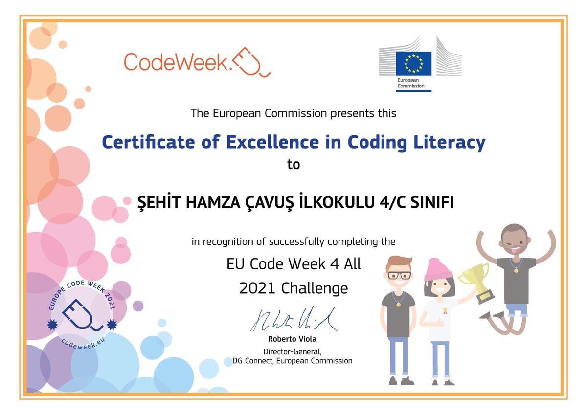 sehithamzacavu1's tweet image. 2021 Codeweek, Avrupa Kod Haftası etkinlikleri kapsamında #Codeweek4All Mükemmellik Sertifikası almaya hak kazandık. 🎉Öğretmenimiz Selda Zengin ve öğrencilerimizi tebrik ederiz.
#codeweek2021 @tekirdagmem @CorluMem @ersanulusan @hete61 @CodeweekTurkiye @ilyasyilmaz59
