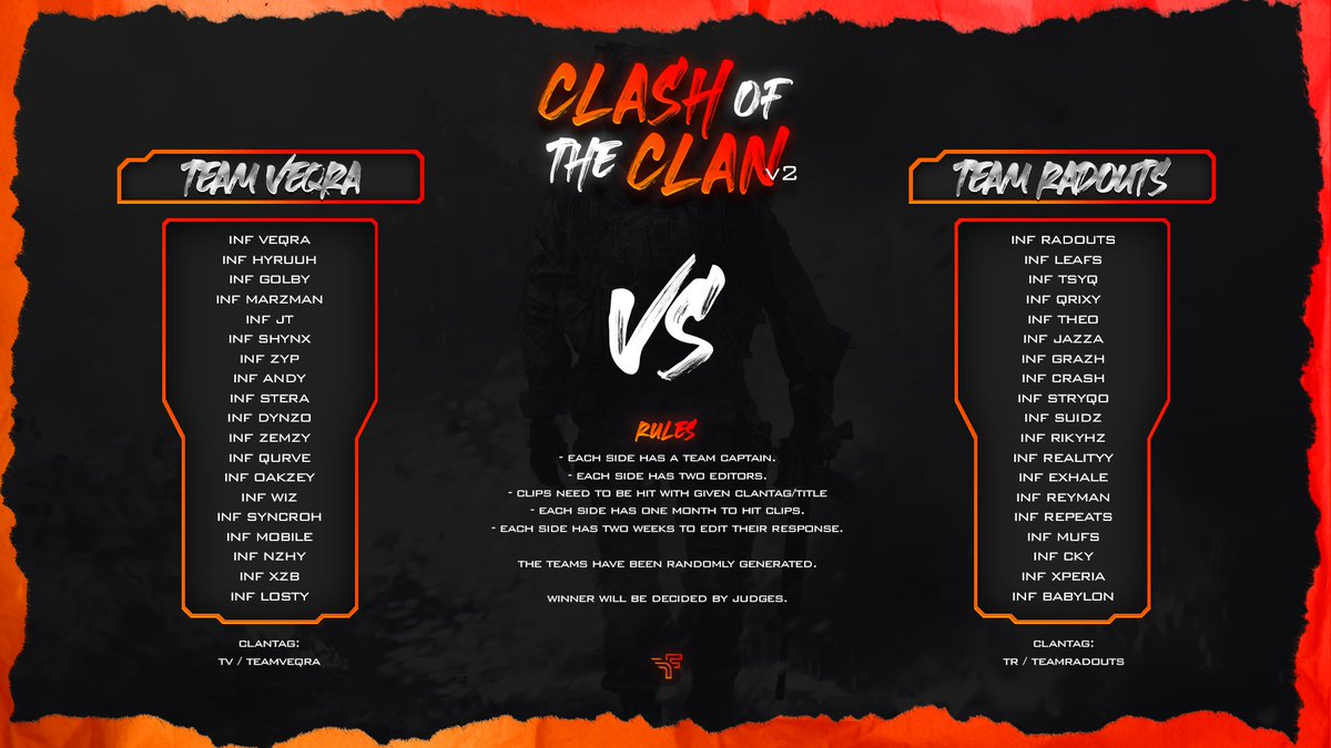 Inferno Clash Of The Clan V2!

#TeamVeqra vs #TeamRadouts

Due Date: 04/03/2022 🔥

#InfernoWarfare