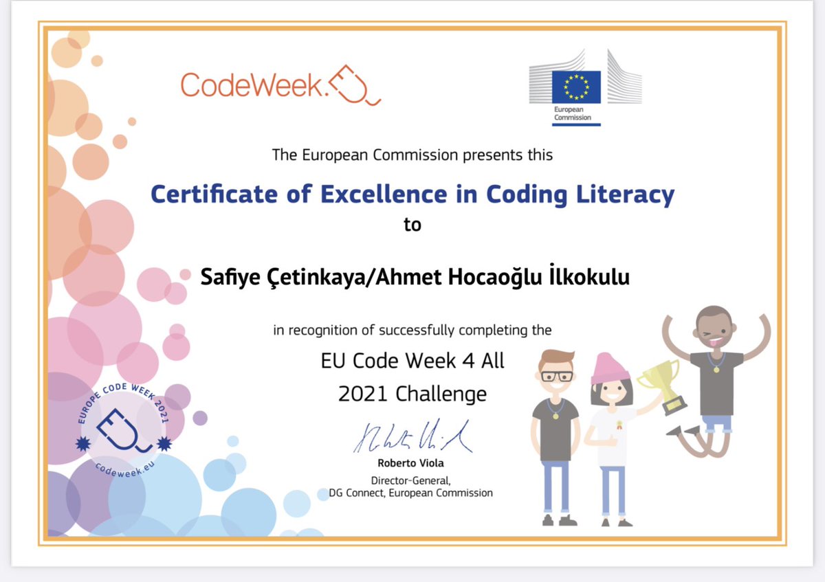 CetinkayaSafiye's tweet image. #CodeWeekEu2021 Avrupa Kod Haftası etkinlikleri ile Ahmet Hocaoğlu İlkokulu 2/D sınıfı kodlamaya ilk adımı attılar. Mükemmellik sertifikası almanın ve Türkiye olarak 1.Olmanın gururunu yaşıyoruz.🥇🏆👏
@ahmethocaoglui1 @eTwinningMersin @bircankeles @CodeweekTurkiye @MezitliMEM