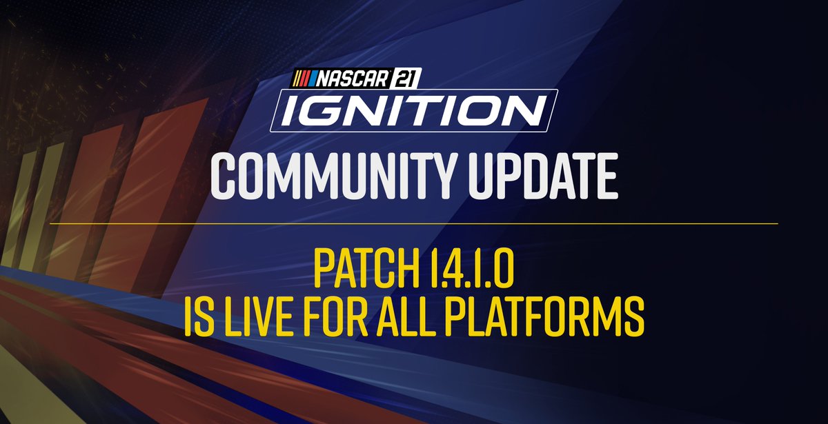 NASCARignition's tweet photo. Patch 1.4.1.0 is live for all platforms!

Private parties are now supported online, stages have been added to the Career and Race Now modes, plus additional updates and fixes for #NASCARignition.

For the full patch notes and more info visit: https://t.co/n0a02H7xLO https://t.co/8XbyK3sIjh
