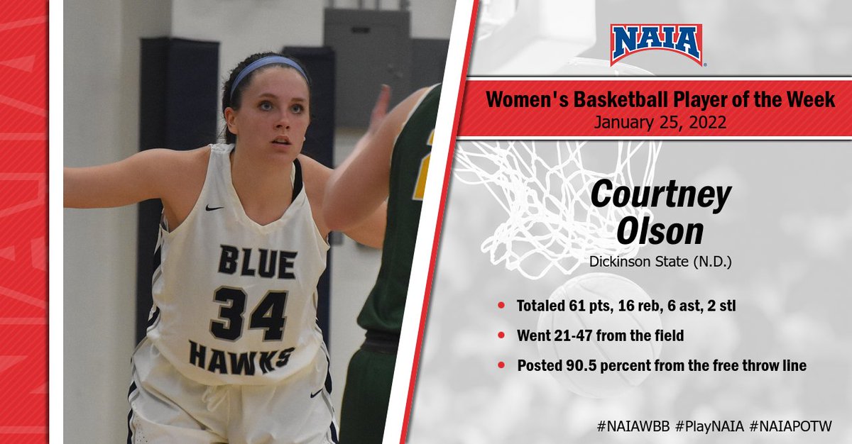 NAIA's tweet photo. W🏀

Courtney Olson of @dsubluehawks is this week's #NAIAWBB player of the week 

for more --> https://t.co/oThyscw6tT

#PlayNAIA #collegebasketball #NAIAPOTW https://t.co/Nn1msziEpB