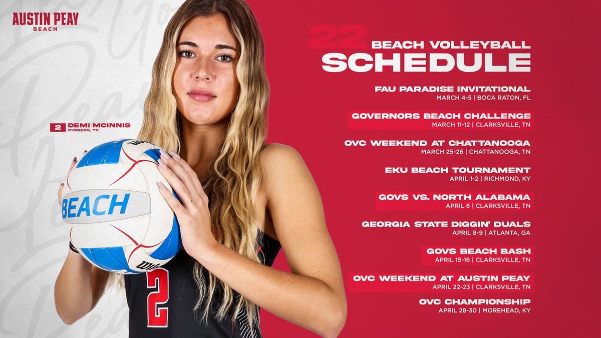 GovsBVB's tweet photo. The title defense is set for the 𝗥𝗘𝗜𝗚𝗡𝗜𝗡𝗚 𝗢𝗩𝗖 𝗖𝗛𝗔𝗠𝗣𝗦. 🎩🏖️🏐

Here is the 2022 beach volleyball schedule! 

🗞️ --> https://t.co/uqFStIVHWL
🗓️ --> https://t.co/qcdxSAxFAn

#LetsGoPeay https://t.co/qJMDhirUZG