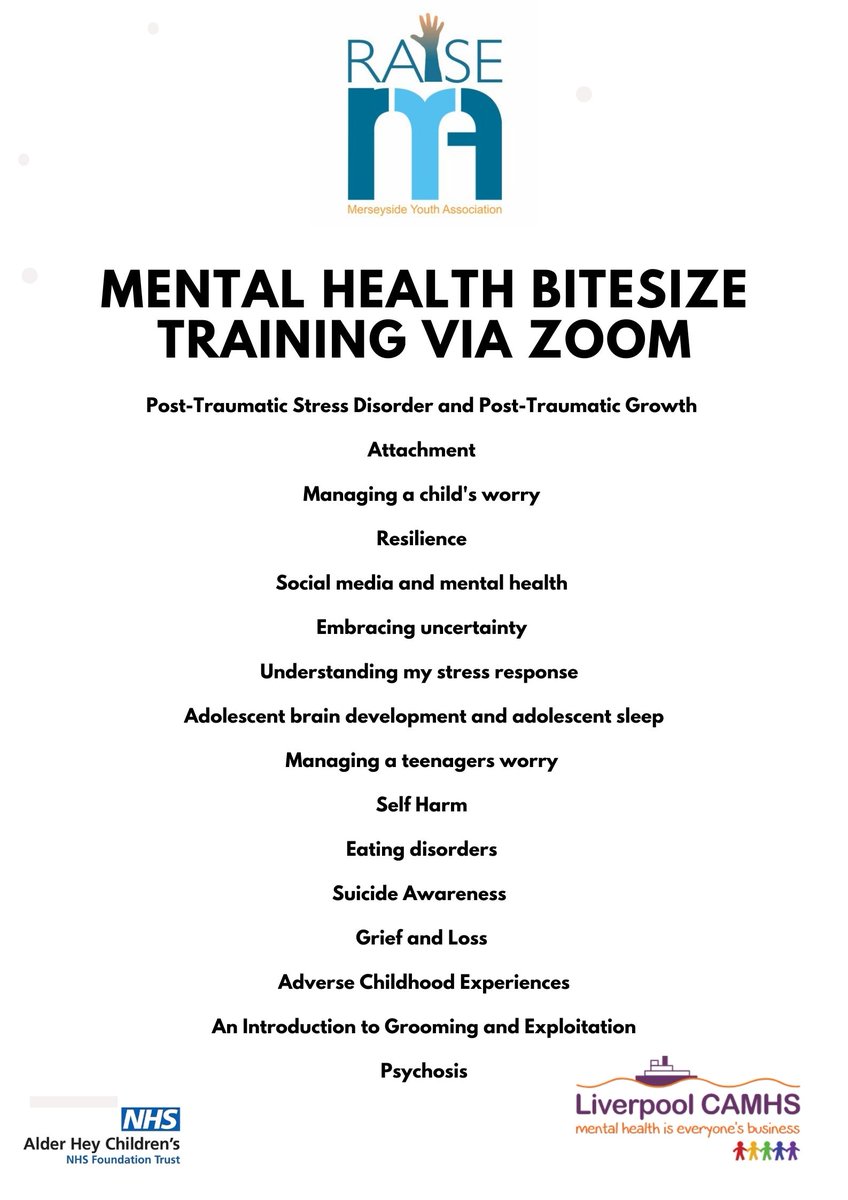 Free #mentalhealth training for parents, carers and professionals , book your place today from the amazing <a href="/MYARAISETeam/">MYA RAISE Team</a> 
 
liverpoolcamhs.com/professionals/…

Book your FREE place today. 

#training #support #mentalhealthmatters
