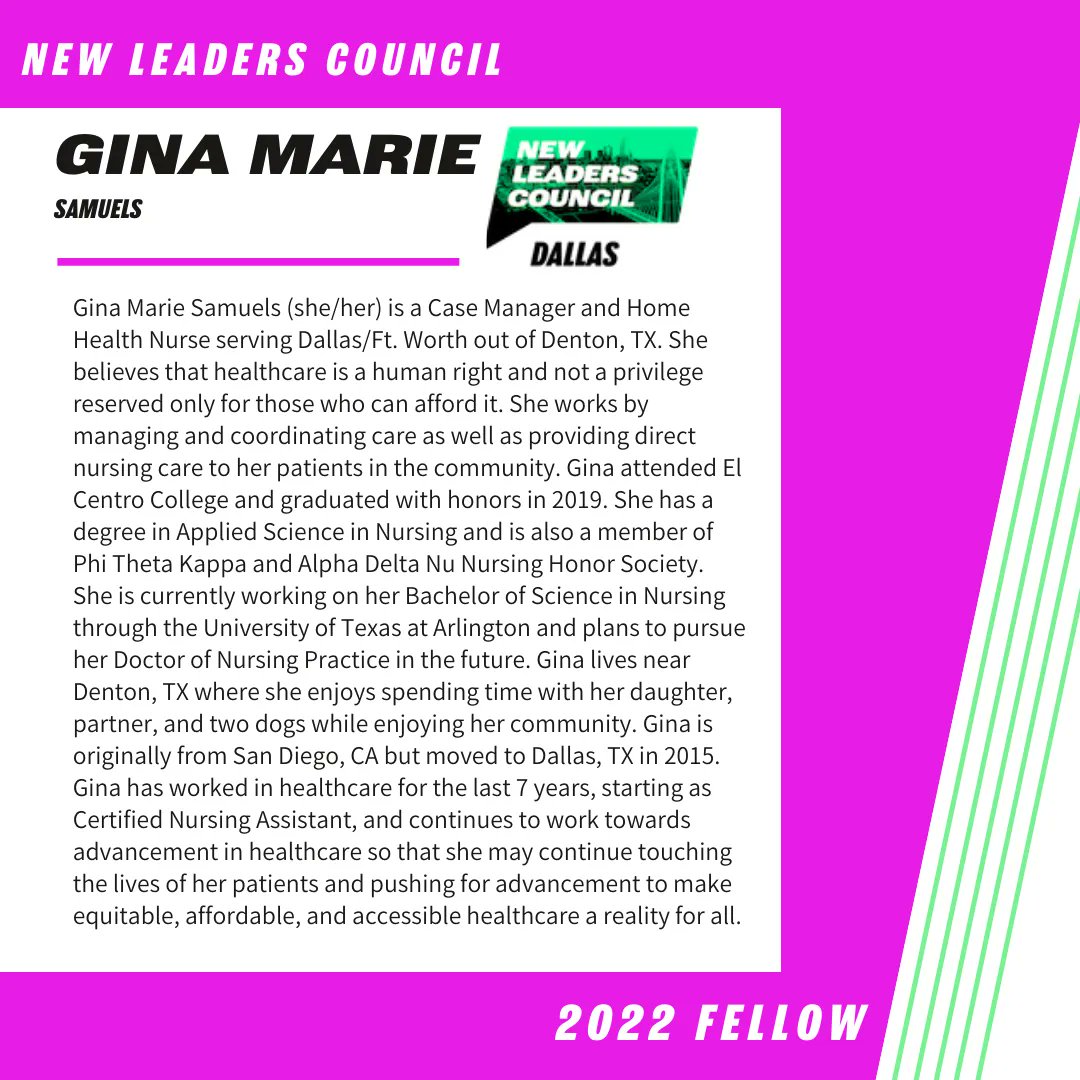 nlcdallas's tweet photo. Meet, Gina Marie Samuels. ⁠Gina Marie Samuels (she/her) is a Case Manager and Home Health Nurse serving Dallas/Ft. Worth out of Denton, TX.  Welcome to the #NLCFamily and #NLC2022, Gina Marie! #NewLeadersCouncil ⁠
https://t.co/mbNifTCRtR https://t.co/uXnt6NV4Jz
