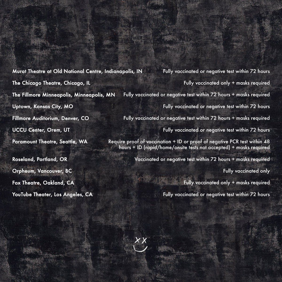 North America - we encourage you to stay safe whilst attending the tour. Please check your venue's website for more detailed COVID requirements as these vary per state.